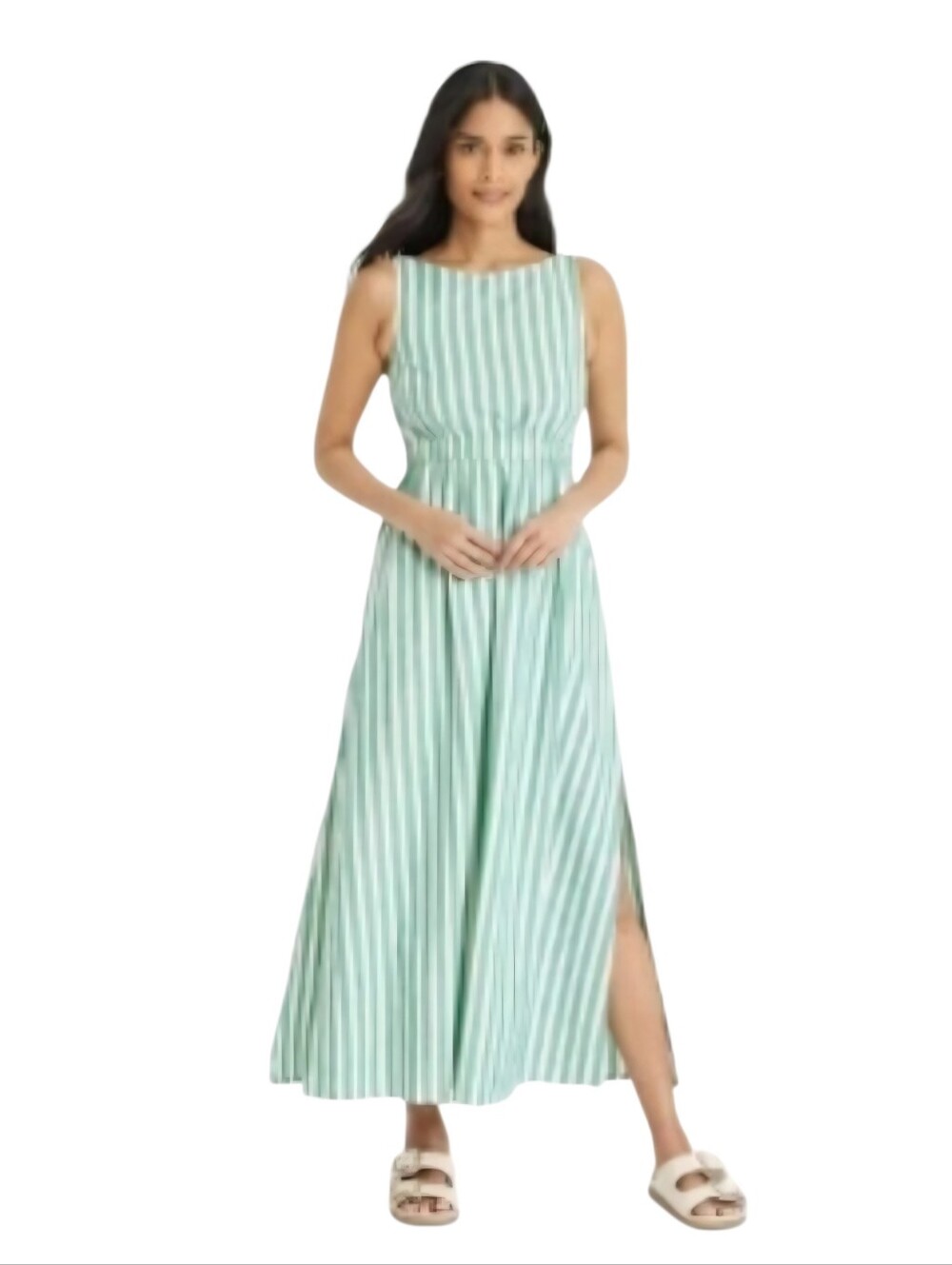 Universal Thread Maxi Dress Sz L Green White Striped Sleeveless Smocked Resort